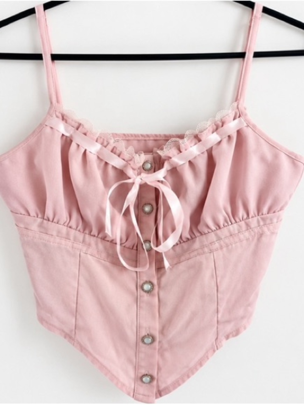 SHEIN Blush Pink Lace-Trim Button Corset Crop Top
